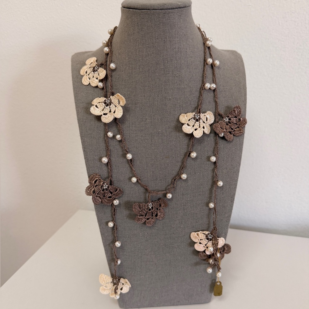 Traditional Turkish Delicate Floral, Pearls Oya Handmade Necklace Cream & Brown